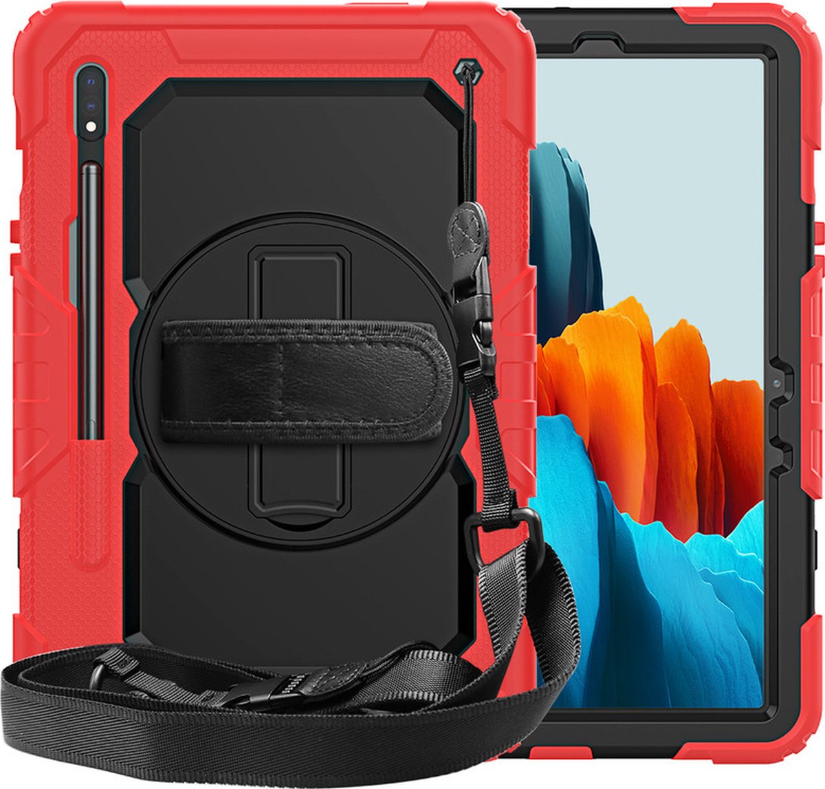 Geschikt Voor: Samsung Tab S7 11.0 T870 Tablet Kids case - Armor Case - Schermbeschermer - ShockProof - Handstrap - met Schouderband - Zwart / Rood - ZT Accessoires