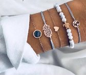 Joboly Set armbanden ibiza ananas hartje marmer wereldbol en schildpad 5 delig - Dames - Goudkleurig - 15-20 cm