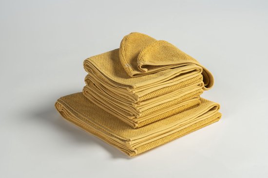 MAROYATHOME - UNO - Ensemble de serviettes - 3 serviettes 50x100 cm , 1 drap de bain 70x140 cm , 1 serviette cheveux 26x54 cm - Coton bio et Fairtrade - Yellow de Toscane - Jaune