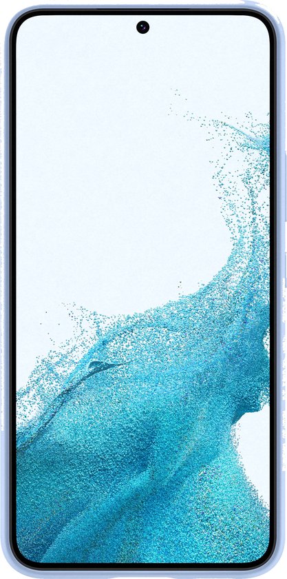 Lichtblauwe Samsung telefoonhoes met een fonkelend blauw scherm.