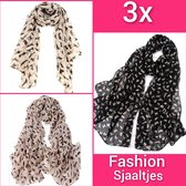 Kattenhebbedingen -3x Fashion sjaaltje - met kattenprint - kat - poes - roze - kaki - zwart