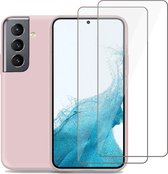 Samsung S22 Hoesje + 2x Samsung S22 Screenprotector – Gehard Glas Cover - Suède Case Rose