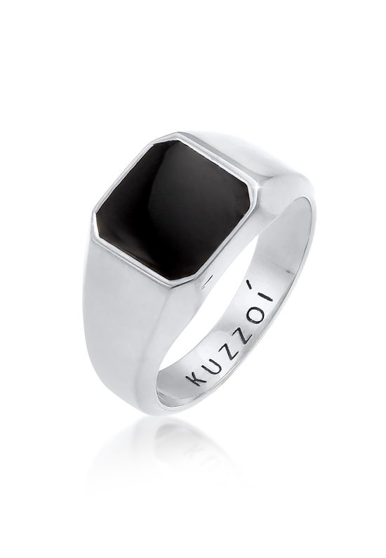 KUZZOI Heren Ring Heren Signet Ring Emaille Zwart Basis Trend in 925 Sterling Zilver verguld