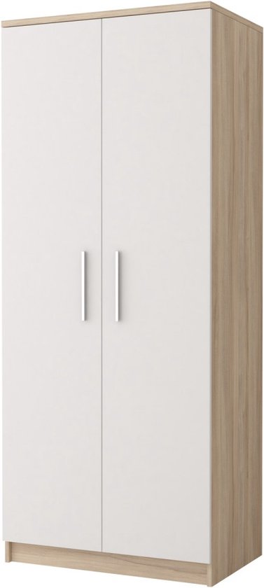 InspireMe-Kledingkast Garderobekast met planken en kledingstang - 2 deuren - ( 80cm -50cm- 193cm) - SONOMA+WIT - MARSALA 2D