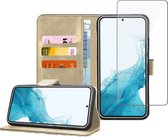 Geschikt voor Samsung S22 Book Case Hoesje - Screenprotector - Flip Portemonnee Goud met Screen Cover Tempered Glas
