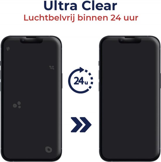 Twee telefoonschermen. Links met bubbels, rechts zonder bubbels. "Ultra Clear".