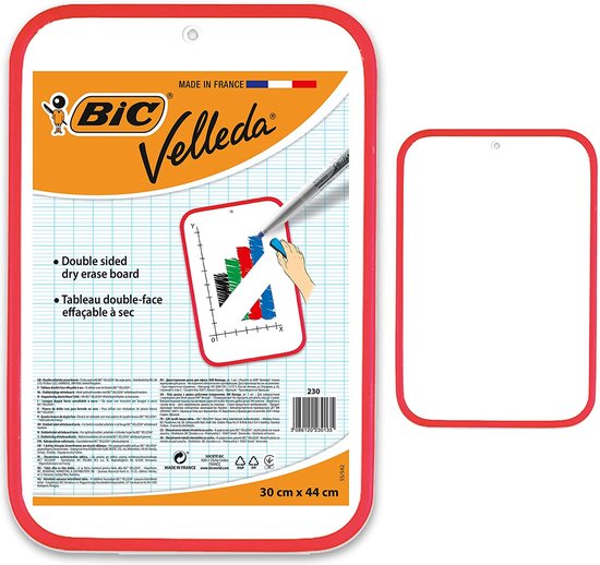 BIC Velleda Dubbelzijdig Whiteboard Wisbordje - Rood Frame - Pak van 1 Stuk - 30x44cm