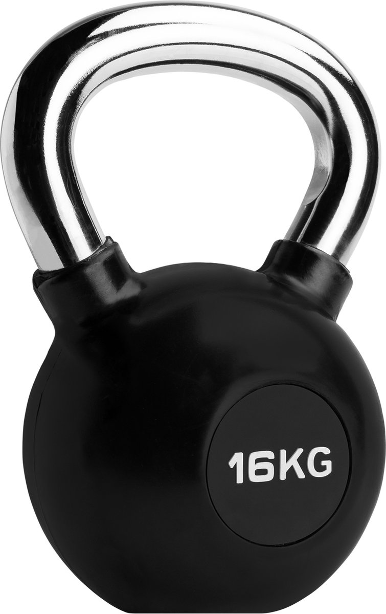 RYZOR Kettlebell van 16 kg - Kettlebell voor crossfit - Bootcamp gewichten - Gewichten - Kogelhalter - Fitness gewichten - Kettlebell gewicht - Kettlebells 16 kg - Voor binnen en buiten - Halters en gewichten - Rubber en staal - Zwart en zilver