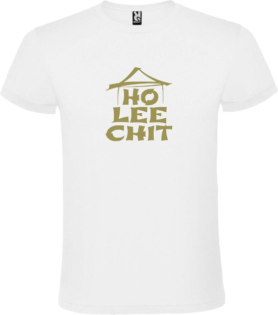 Wit t-shirt met " Ho Lee Chit " print Goud size XXXL