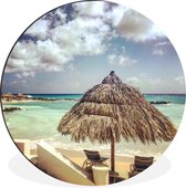 WallCircle - Wandcirkel - Muurcirkel - Parasol met strandstoelen op het strand van Curaçao - Aluminium - Dibond - ⌀ 30 cm - Binnen en Buiten