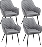 4 x eetkamerstoelen, fauteuil, woonkamerstoel, beklede stoel, keukenstoel met armleuning, zitvlak van fluweel, frame van grijs metaal
