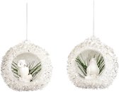 Viv! Home Luxuries Kerstornament - Vogel en uil in glazen open bal - set van 2 - glas - wit - 8 cm