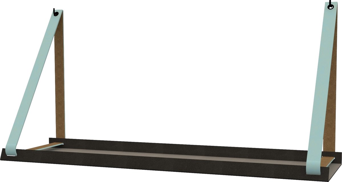 Handles and more - Stalen wandplank zwart 98cm + leren plankdragers Lichtblauw
