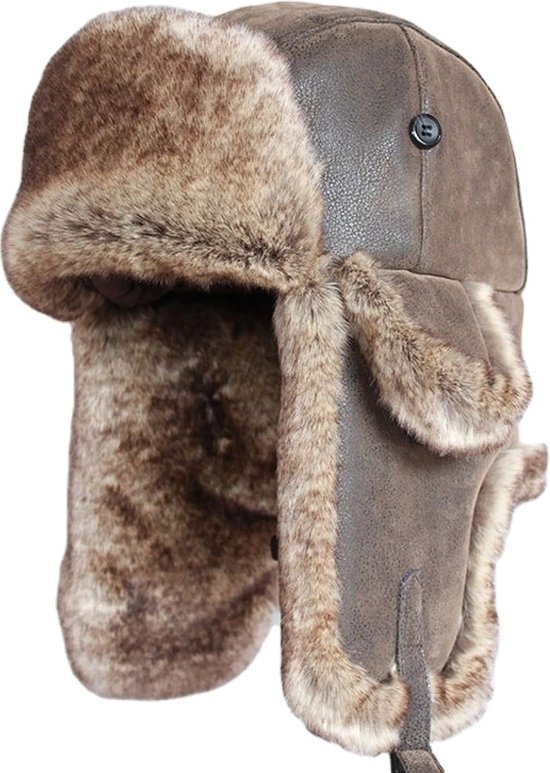 Cache-oreilles russe chapeau en cuir PU noir et fausse fourrure grise pour adulte - Chapeaux à rabats - Accessoires vêtements d'hiver 60 cm