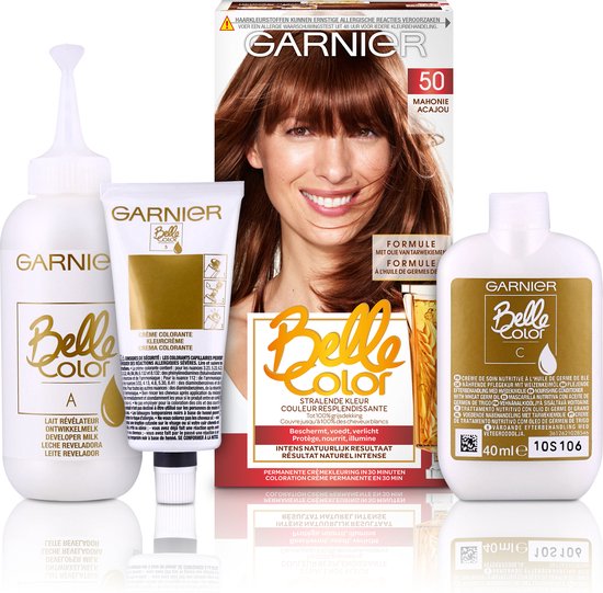 Garnier Belle Color Mahonie haarkleuring met ontwikkelmelk en conditioner.