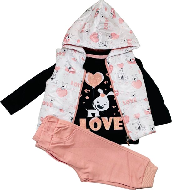 Baby kledingset 3 delig Joggingbroek, bodywarmer en t-shirt lange mouw. Love