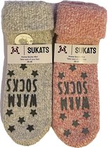 Sukats® Huissokken - Homesocks - 2 Paar - Maat 35-38 - Roze/Grijs - Wollen Sokken - Dames Huissokken