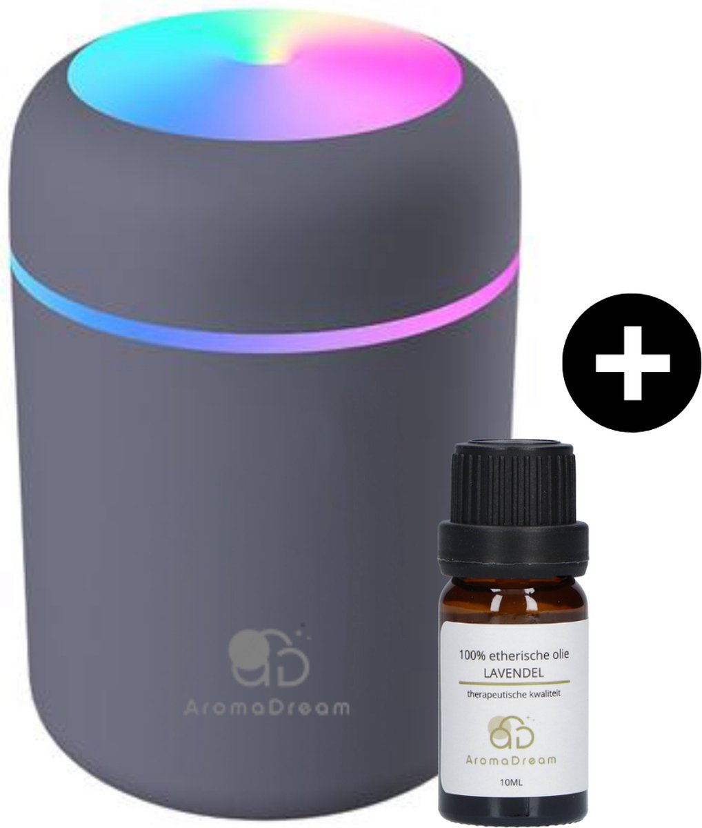 Aroma Dream Diffuser Luchtbevochtiger Grijs 300ML incl. Lavendel Olie en E-book Aromatherapie - Humidifier geschikt voor Etherische en Essentiële Olie - Vernevelaar - Verstuiver - Geurverspreider