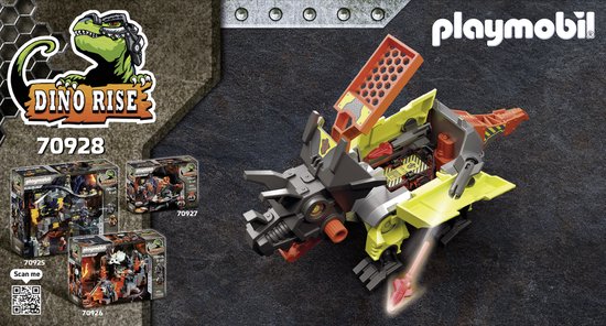 Playmobil Dino Rise Robo-Dino vechtmachine met speelgoeddoos en andere verpakkingen.