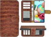 Hoesje Samsung Galaxy A52 - 5G - Bookcase - Hoesje Samsung A52s 5G - Wallet Book Case Echt Leer Croco Kaneelbruin Cover