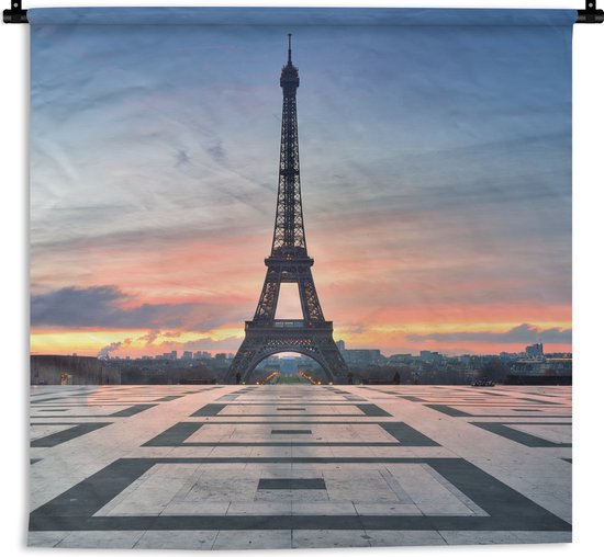 Wandkleed - Wanddoek - De Eiffeltoren vanaf het plein van Palais de Chaillot met zonsondergang - 180x180 cm - Wandtapijt