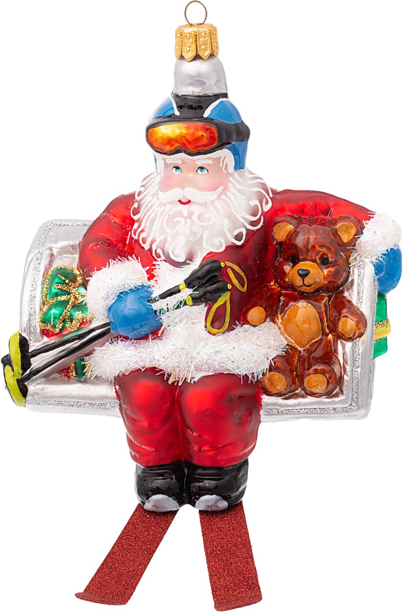 Viv! Christmas Kerstornament - Kerstman skilift - mond geblazen glas - rood blauw - 10cm