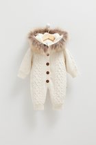 Caramell Jumpsuit met Bontkraag -Boxpakje, Onesie- Crème - 68-74 maat - 6-9 mnd - Katoen - Gebreid - Knopen- Unisex - Lange mouw - Overall - hoge kwaliteit