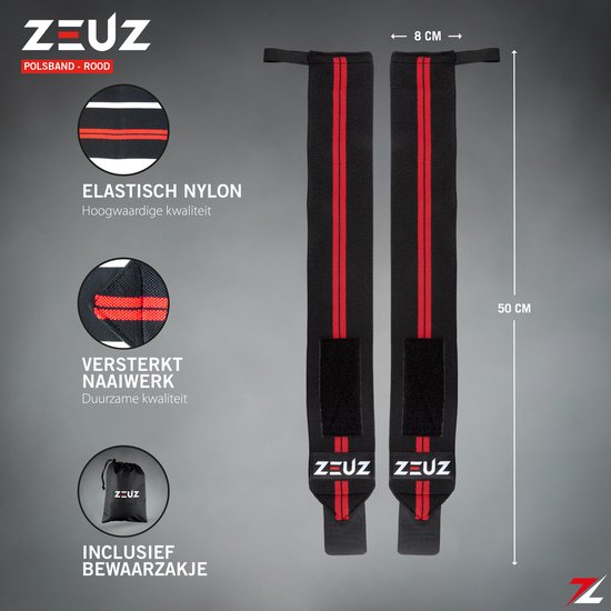 ZEUZ® 2x Fitness & CrossFit Polsband - Wrist wraps – Krachttraining – Polsbrace – Rood & Zwart - ZEUZ