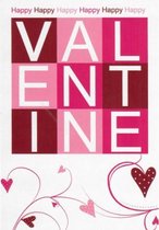 Happy Valentine! Een leuke wenskaart met vrolijke hartjes en stippen. Het woord Valentine is in blokletters geschreven. Een dubbele wenskaart inclusief envelop en in folie verpakt.