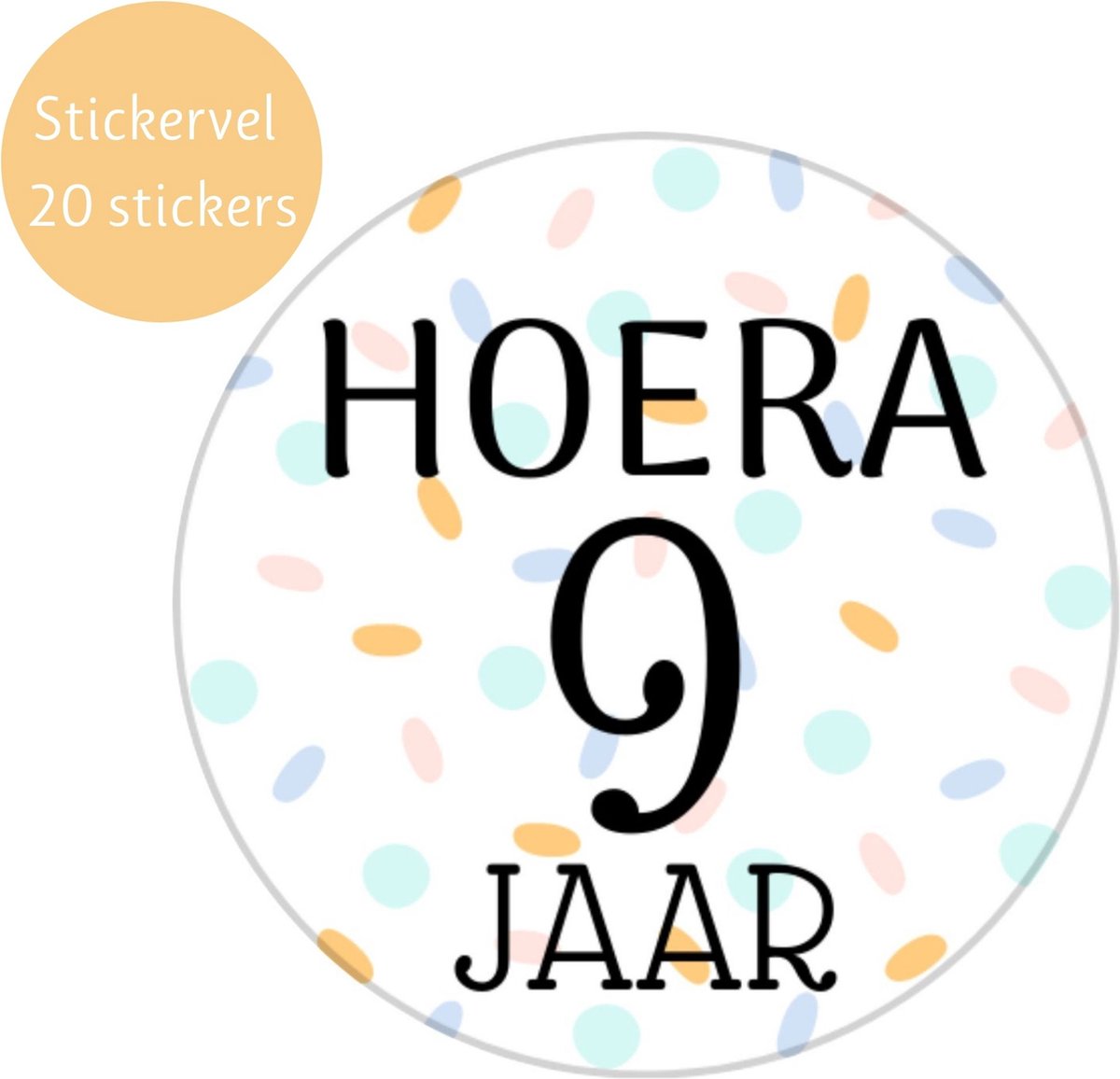 Traktatiestickers Hoera 9 Jaar - Stickervel - Cadeausticker - Wensetiket - Rond 40 mm - Sluitsticker - 20 stuks - Wit Pastel Groen Geel Roze Groen Blauw Paars Confetti - Sticker 9e Verjaardag - Kinder Traktatie - Basisschool Kinderfeestje Feest — afbeelding 3