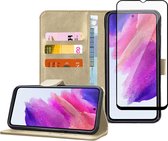 Samsung S21 FE Book Case Hoesje - Samsung S21 FE Screenprotector - Flip Hoes Goud met Screen Full Cover Tempered Glas Protector