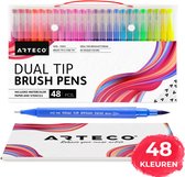 ARTECO® 48 Brush Pennen - Inclusief Aquarel Papier en Sjablonen - Double Tip Penseelstift - Fineliners en Brushlettering Brush Stiften - Twinmarkers - Geschenkset