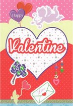 Happy Valentine! Een bijzondere wenskaart met een kleurrijke afbeelding van hartjes, bloemen en stippen. Een dubbele wenskaart inclusief envelop en in folie verpakt.