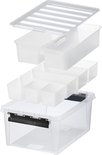 Transparante opbergbox met 6 hexagonal verdelers en diverse rechthoekige bakjes, met rooster deksel.
