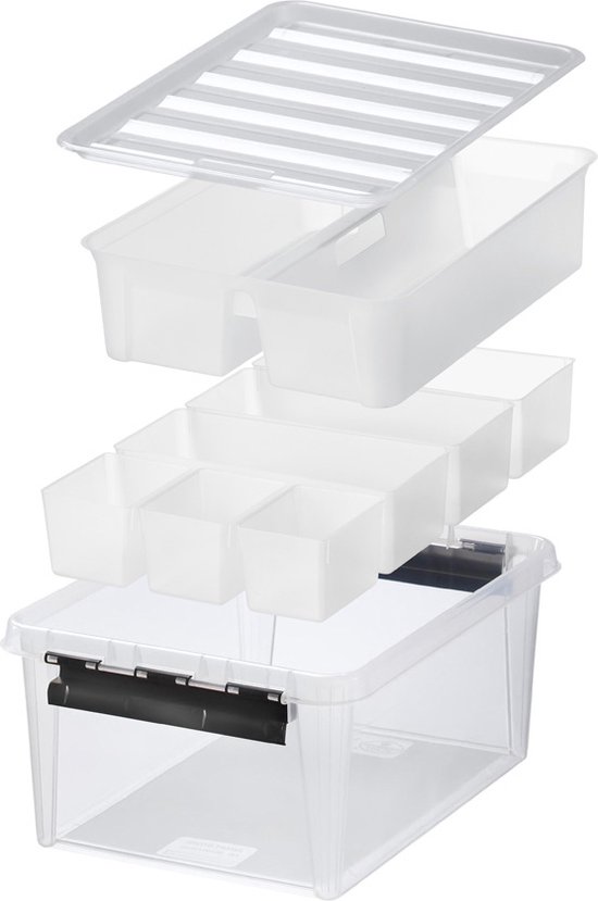 Transparante opbergbox met 6 hexagonal verdelers en diverse rechthoekige bakjes, met rooster deksel.