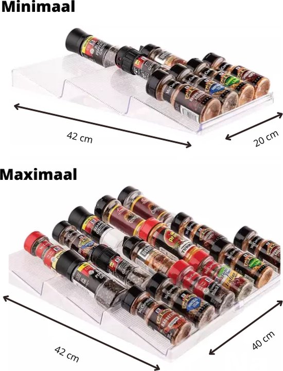 FAOKZE Inzetstuk voor kruidenlade, uittrekbaar van 30 cm tot 60, kruidenrek voor laden, organizer voor kruidenflesjes, lade-inzet op 3 niveaus, zwart