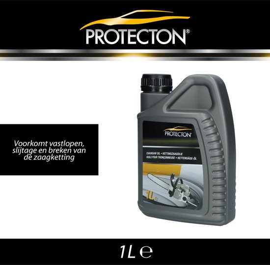 Grijze fles 1L Protecton kettingzaagolie, met tekst "Voorkomt vastlopen, slijtage en breken van de zaagketting".