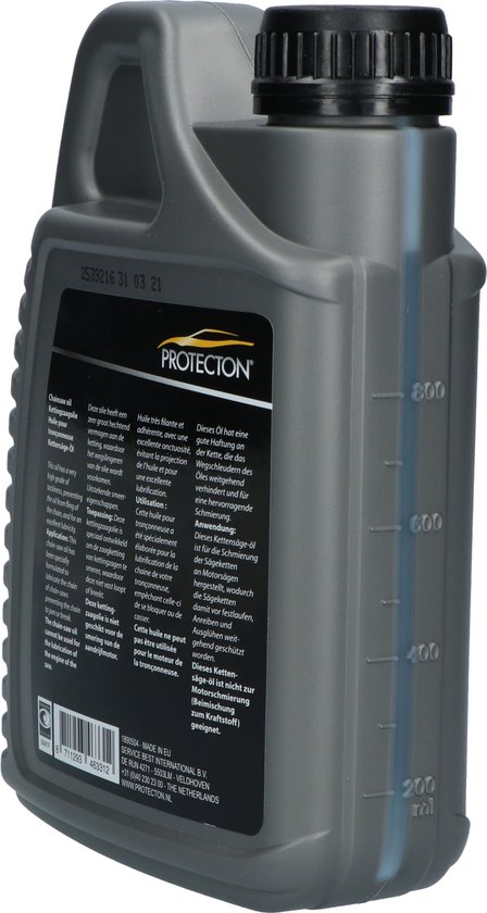 Grijze fles 1L Protecton kettingzaagolie, achterkant met gebruiksinstructies en maatverdeling.