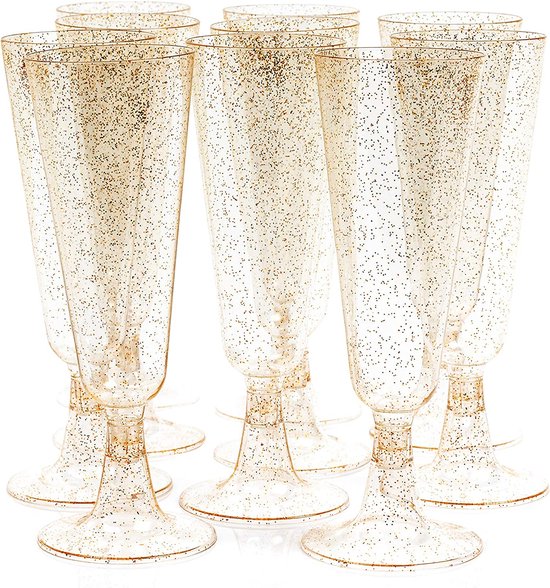MATANA 50 verres à champagne en plastique réutilisables 150 ml - avec paillettes d'or