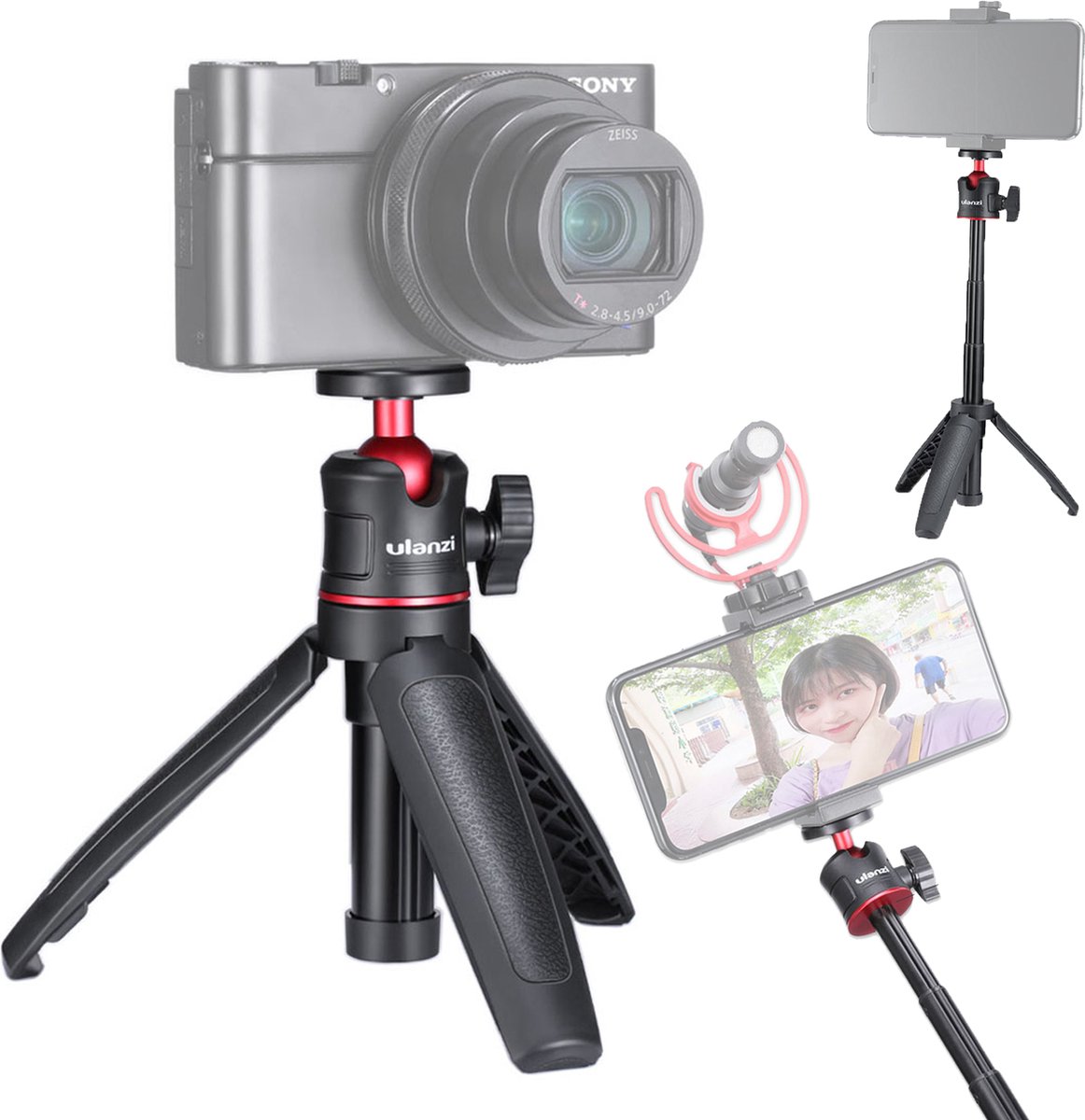 Ulanzi MT-08 Vlog-Statief - Camerahouder & Selfiestick - Max 27cm lang - Uitschuifbaar - Rood/Zwart