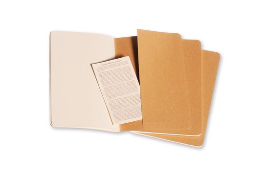 Open notitieboek met bruine insteekhoesjes met tekst en meerdere notitieboekjes.