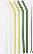 Point-Virgule 6 gebogen glazen rietjes geel; wit en groen met borstel en zakje 21.5cm