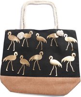 Strandtas Flamingo’s - Canvas - 46x35 cm - Zwart en Goudkleurig