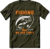 Fishing Has No Age Limit - Vissen T-Shirt | Oranje | Grappig Verjaardag Vis Hobby Cadeau Shirt | Dames - Heren - Unisex | Tshirt Hengelsport Kleding Kado - Leger Groen - L