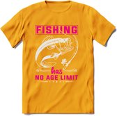 Fishing Has No Age Limit - Vissen T-Shirt | Roze | Grappig Verjaardag Vis Hobby Cadeau Shirt | Dames - Heren - Unisex | Tshirt Hengelsport Kleding Kado - Geel - XXL