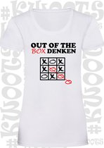 OUT OF THE BOX DENKEN dames shirt - Wit - Maat XXL - korte mouwen - grappige teksten - leuke shirts - humor - quotes - kwoots - kado - cadeau - Anders denken