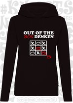 OUT OF THE BOX DENKEN dames hoodie - Zwart - Maat L - lange mouwen - Met capuchon en steekzakken - grappige teksten - leuke truien | sweaters - humor - quotes - kwoots - kado - cad