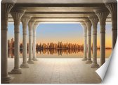 Trend24 - Behang - Colonnade Met Uitzicht Op De Stad - Vliesbehang - Fotobehang 3D - Behang Woonkamer - 200x140 cm - Incl. behanglijm