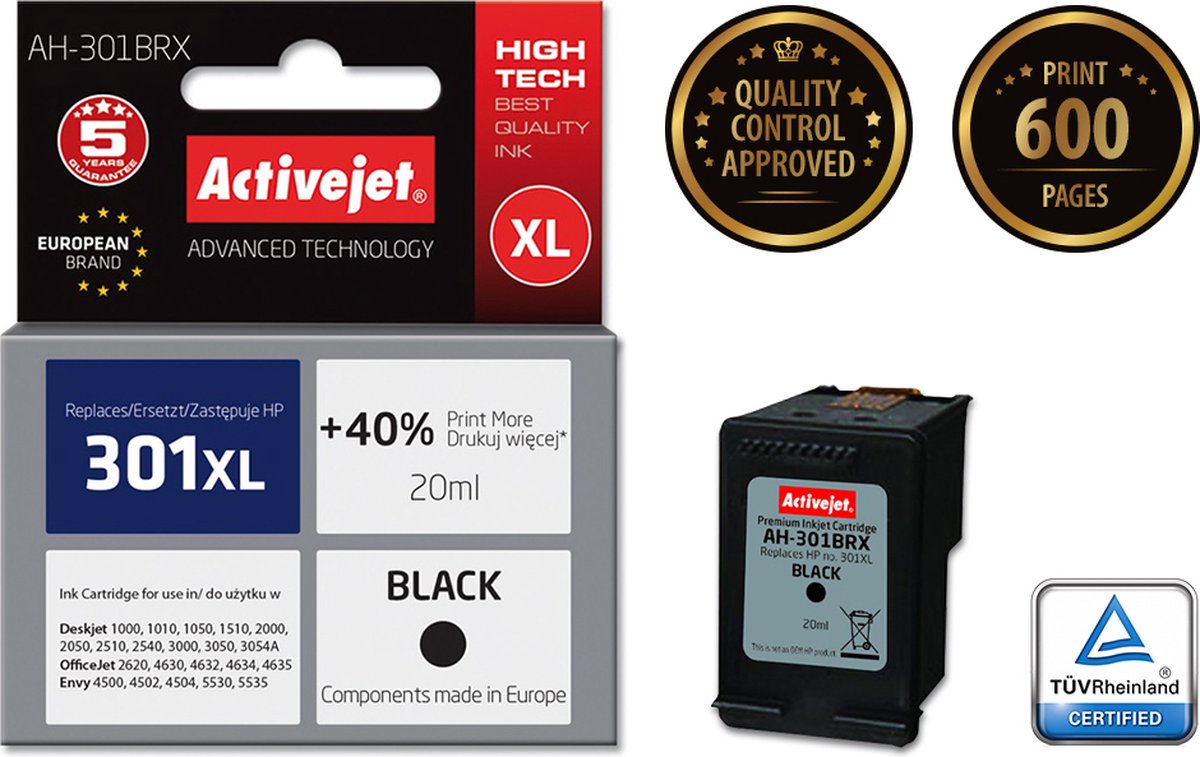 Activejet Inkt cartridges / Alternatief voor HP 301 xl (CH563EE) Zwart | HP Deskjet 1000/ 1010/ 1050/ 1050A/ 1510/ 2000/ 2050/ 2050s/ 2510/ 2514/ 2540/
