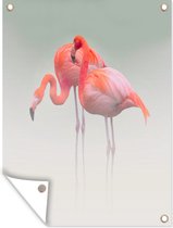 Muurdecoratie buiten Twee staande flamingo's - 120x160 cm - Tuindoek - Buitenposter